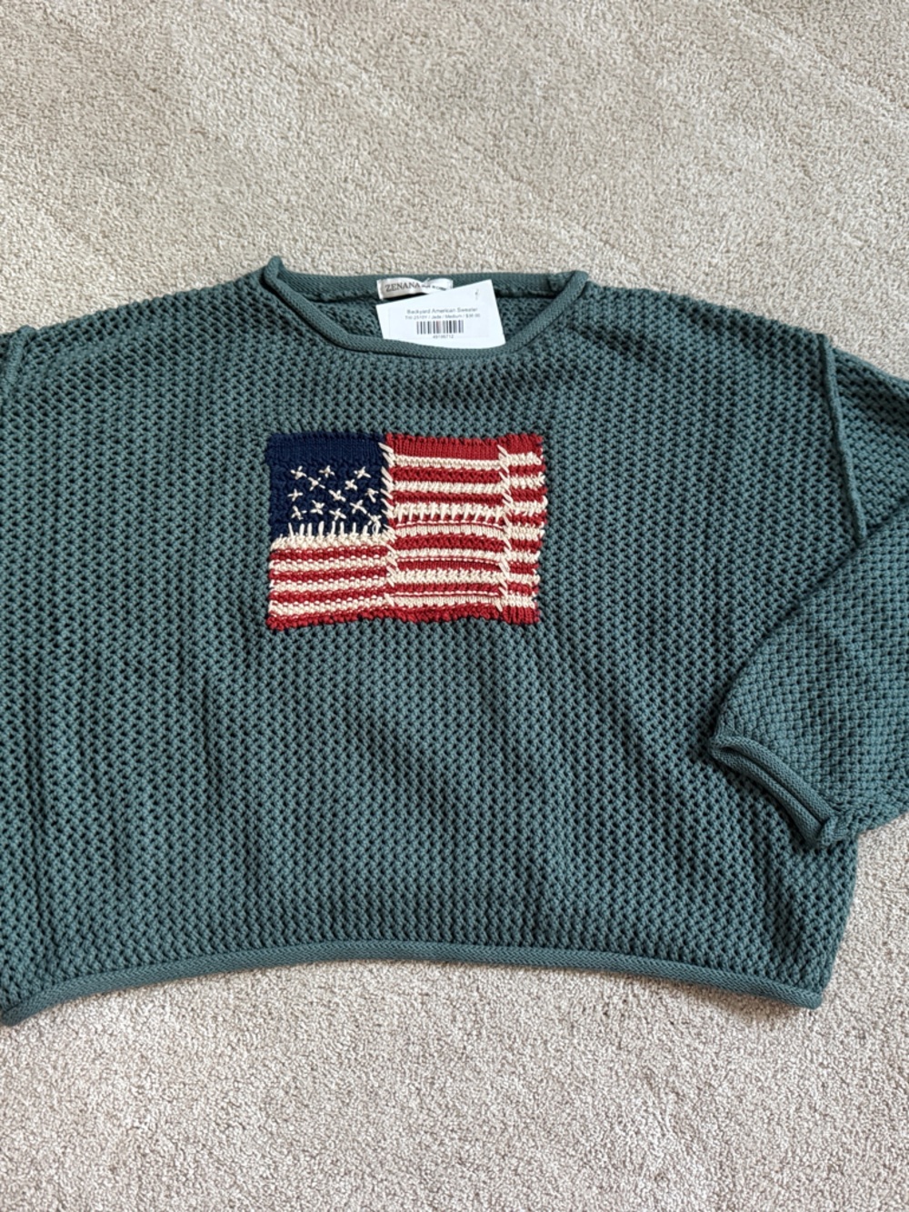 Waffle-Knit Crewneck Sweater with Flag Patch - Green